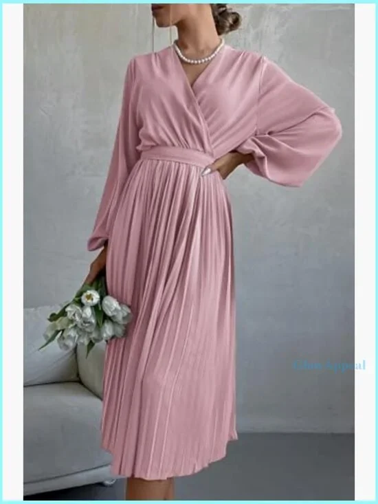 Midi Dress Long Puff Sleeve Wrap V Neck Flowy Ruffle Pleated Casual - Picture 5 of 7